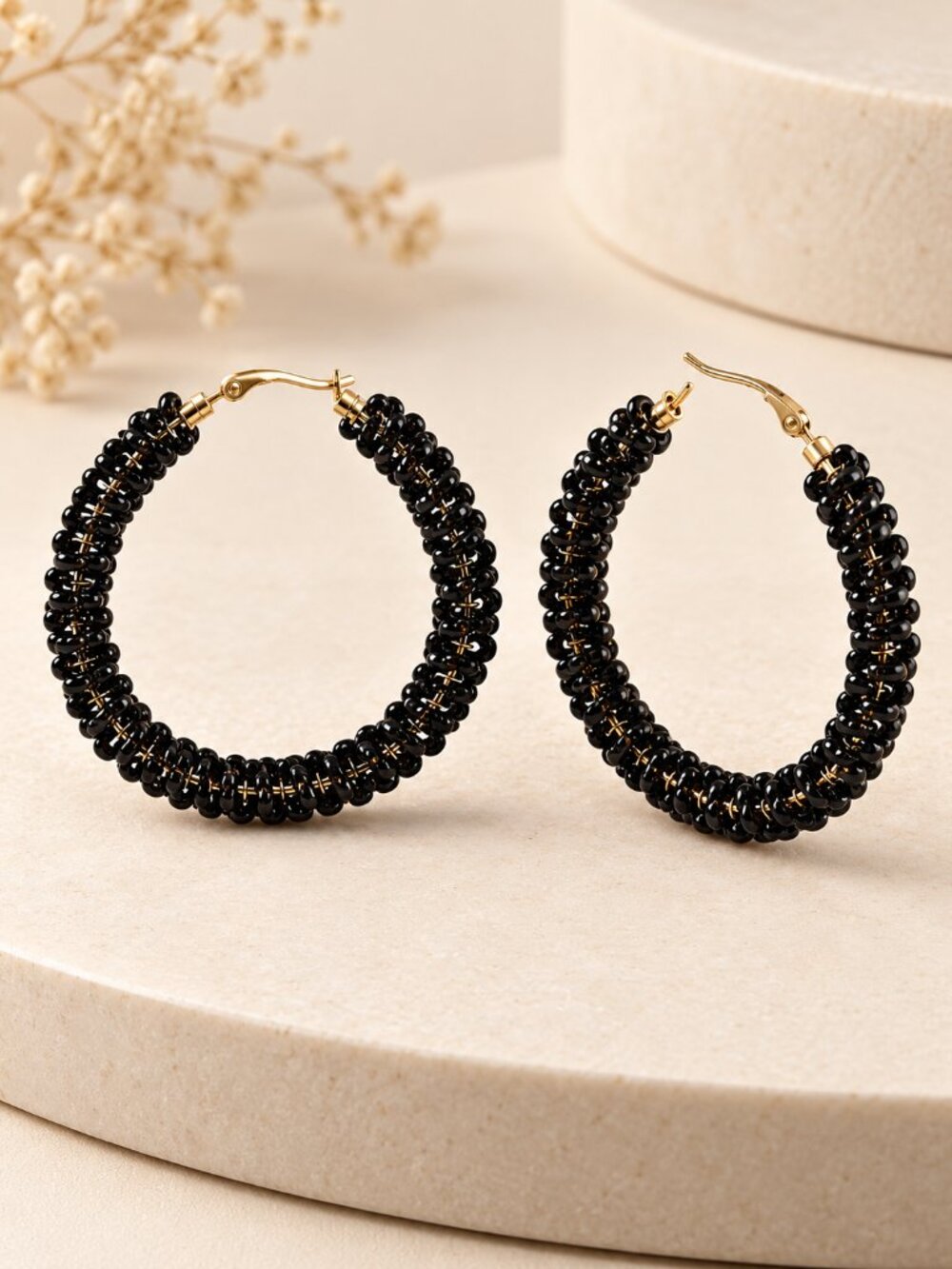 Black Beaded Gold Tone Hoop Earrings Boho Statement Jewelry